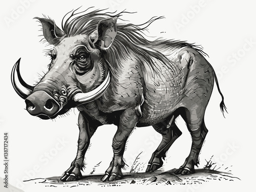 warthog standing in tall grass, depicted in a classic engraving style with fine details sketch engraving generative ai raster illustration.