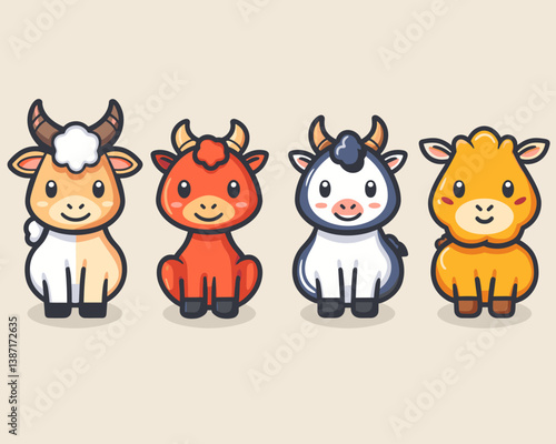 Cute cow cartoon character vector illustration. Cute farm animals.