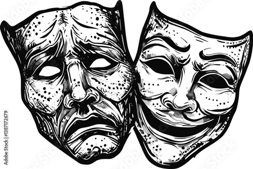 theater masks symbol sad and joyful sketch engraving PNG illustration. T-shirt apparel print design.