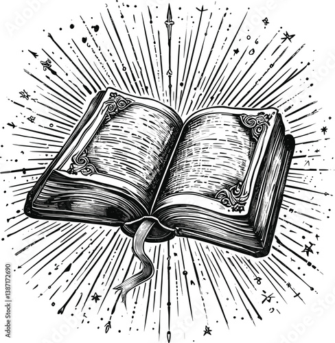open book with a glowing aura and decorative elements, symbolizing magic and knowledge sketch engraving generative ai vector illustration.