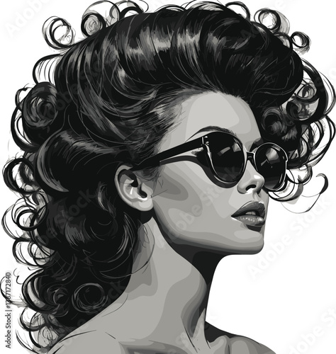 fashionable woman with voluminous hair wearing stylish sunglasses, exuding confidence and glamour sketch engraving generative ai PNG illustration.