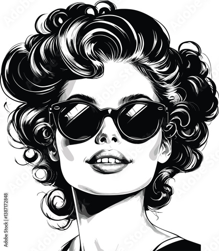 fashionable woman with voluminous hair wearing stylish sunglasses, exuding confidence and glamour sketch engraving generative ai PNG illustration.