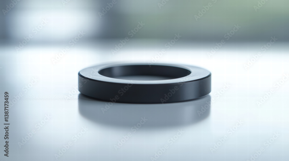 Single Black O-Ring: Closeup image of a single circular, black o-ring laying flat on a white surface, with a blurry blue background. Single Black O-Ring: Closeup image of a single circular, black o-ring laying flat on a white surface, with a blurry blue background.