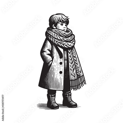 A boy in winter attire, a traditional woodcut drawing with intricate details