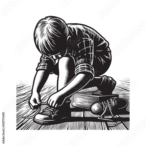 A Child,s First Steps Tying Shoelaces in Woodcut Style Illustration