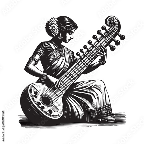 A graceful woman lost in the soulful sounds of a South Indian musical instrument