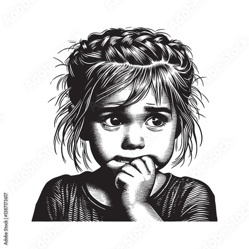A grayscale artistic depiction of a young girl exhibiting nervous behavior