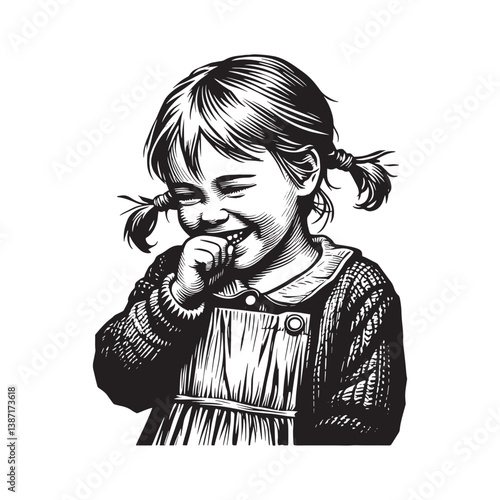 A jovial little girl with pigtails giggles softly in a vintage etching style