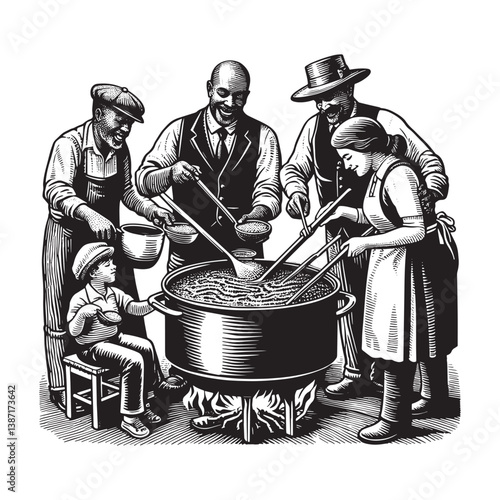 A jubilant family collaboratively cooking a hearty stew in a large pot outdoors