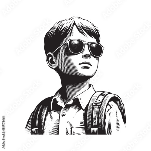 A kid wearing sunglasses on a sunny day in realistic, woodcut drawing4236