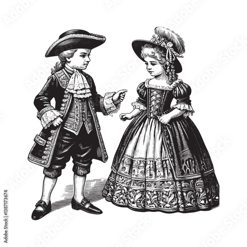 a kid wearing Period Drama Elegance fashion style in realistic, woodcut drawing4264