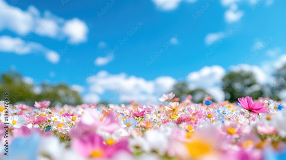 A vibrant field of cosmos flowers dominates the image, showcasing various pink, white, and yellow blossoms. The background features a blurred, sunny sky with fluffy clouds and hints of greenery. The A vibrant field of cosmos flowers dominates the image, showcasing various pink, white, and yellow blossoms. The background features a blurred, sunny sky with fluffy clouds and hints of greenery. The