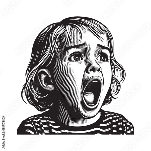 A little girl,s extreme expression of fright depicted through woodcut art