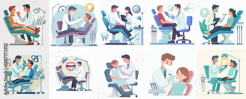 vector set of dentists examining patients