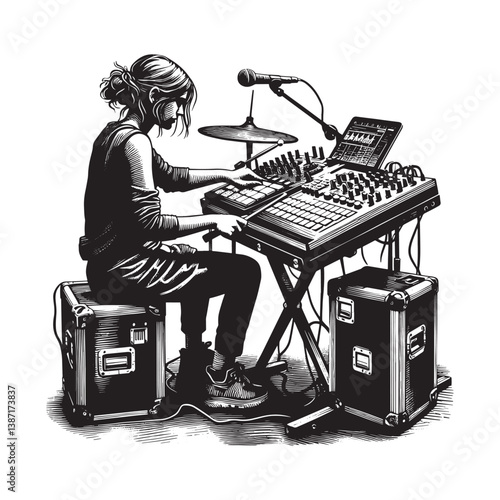 A monochromatic artistic illustration of a musician crafting electronic music