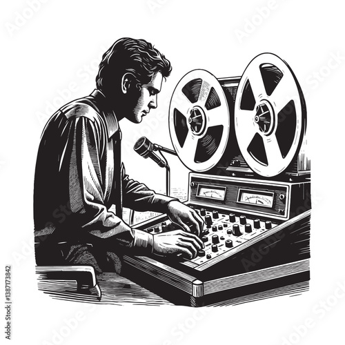 A man expertly controls a vintage reel-to-reel recorder in recording studio