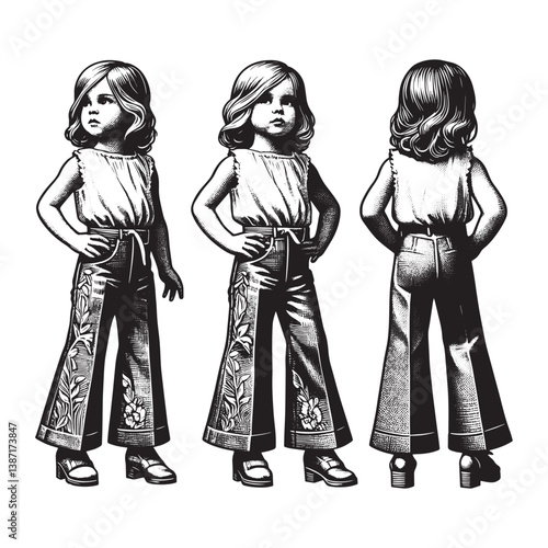 A little girl styled in bell-bottom pants and a short tunic in realistic, woodcut drawing6544