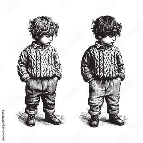 A monochromatic woodcut art of a young boy,s portrait in cozy sweater and corduroy pants