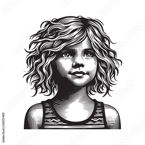 A Striking Woodcut Portrait of a Young Girl with Wavy Hair and Striped Top