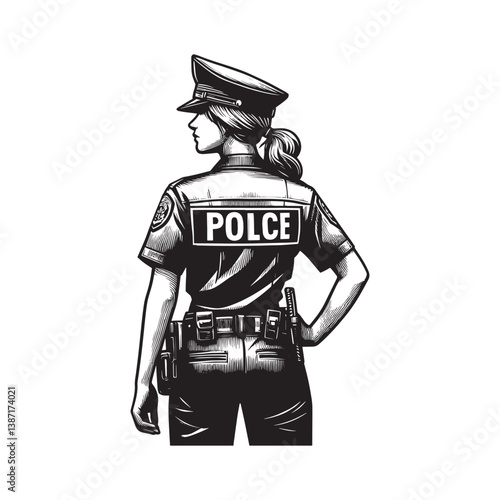 A stylized graphic illustration of a female police officer in uniform looking away