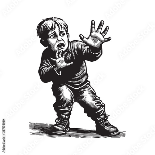A terrified young boy reaching out in apparent horror woodcut styled art