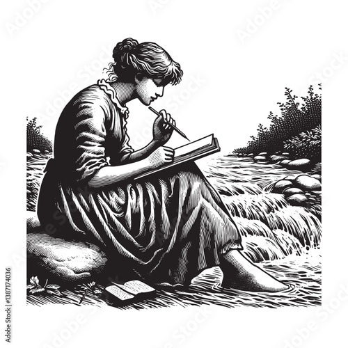 A tranquil illustration of a woman writing by a creek in a woodcut style