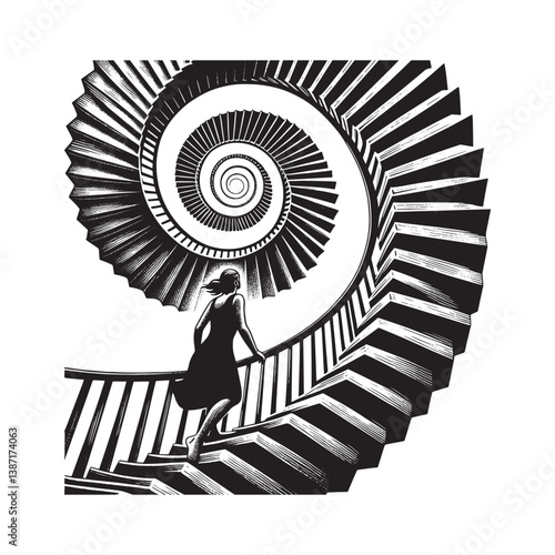 A Woman Ascending an Infinite Spiral Staircase in Striking Woodcut Style
