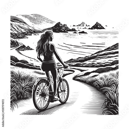 A woman biking along a coastal path with breathtaking ocean views, in realistic, woodcut drawing0575