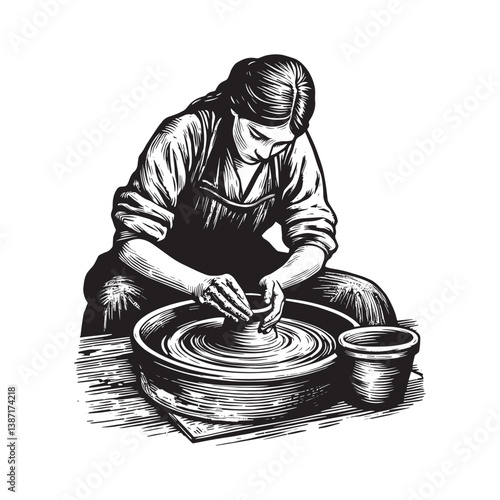 A woman meticulously shapes clay on a pottery wheel in a woodcut illustration