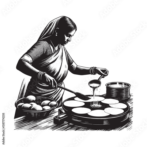 A woman flipping golden dosas on a hot griddle in South India, in realistic, woodcut drawing2019