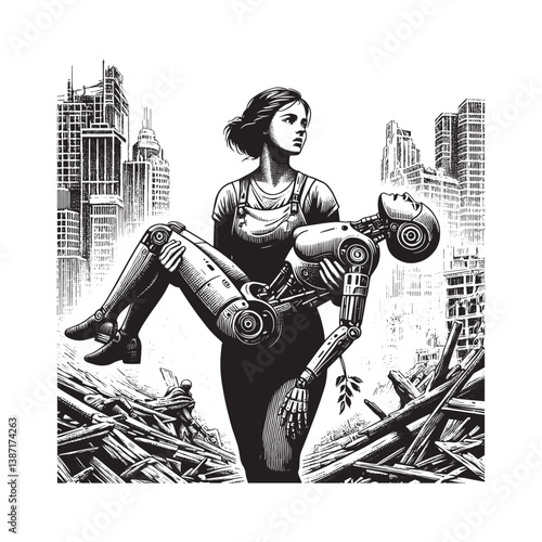 A woman,s resilience carrying an injured android through the urban ruins