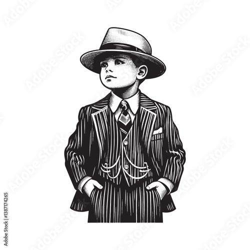 A young boy in a vintage pinstripe suit and fedora stylishly dressed