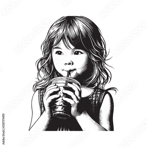 A young girl enjoys an iced beverage depicted in a woodcut-style illustration