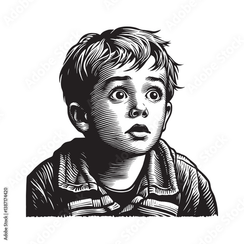 A young boy,s face etched with wonderment in a detailed woodcut style drawing