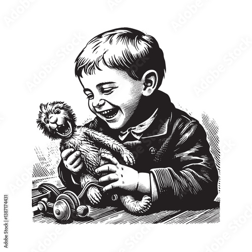 A young boy,s gleeful moment with his cherished toy monkey in a woodcut style