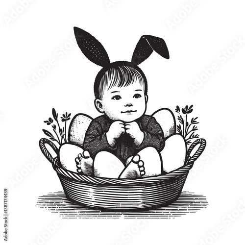 Adorable baby bunny in a basket brimming with pastel colored easter eggs