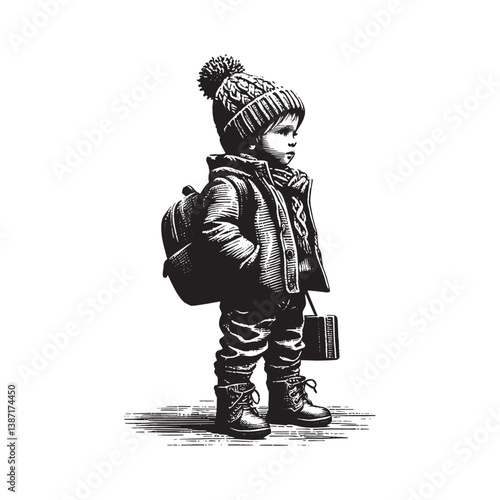 Adorable toddler in winter attire stylishly accessorized in monochrome art style