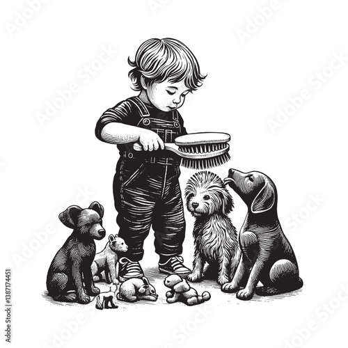 Adorable scene of a youngster gently grooming toy animals with a brush