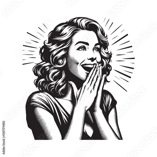 An illustration of a woman expressing surprise or excitement with radiant energy