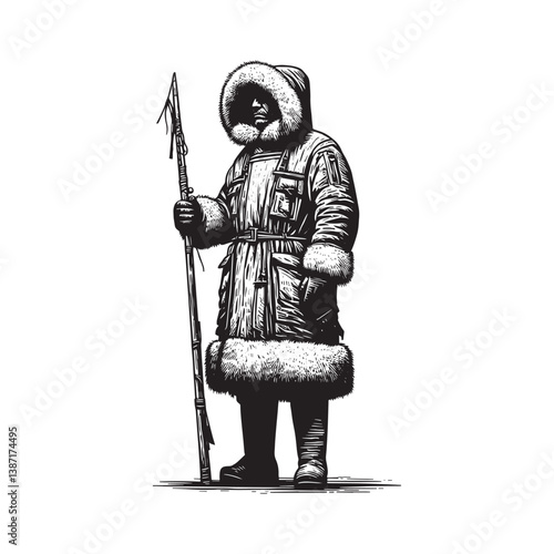 Alaskan hunter with a spear in engraved style artful north survival
