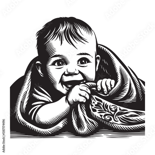 An adorable infant plays peek-a-boo with a patterned blanket giggling heartily