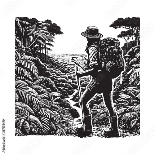 Adventurous explorer charting unknown jungle landscapes in detailed woodcut illustration