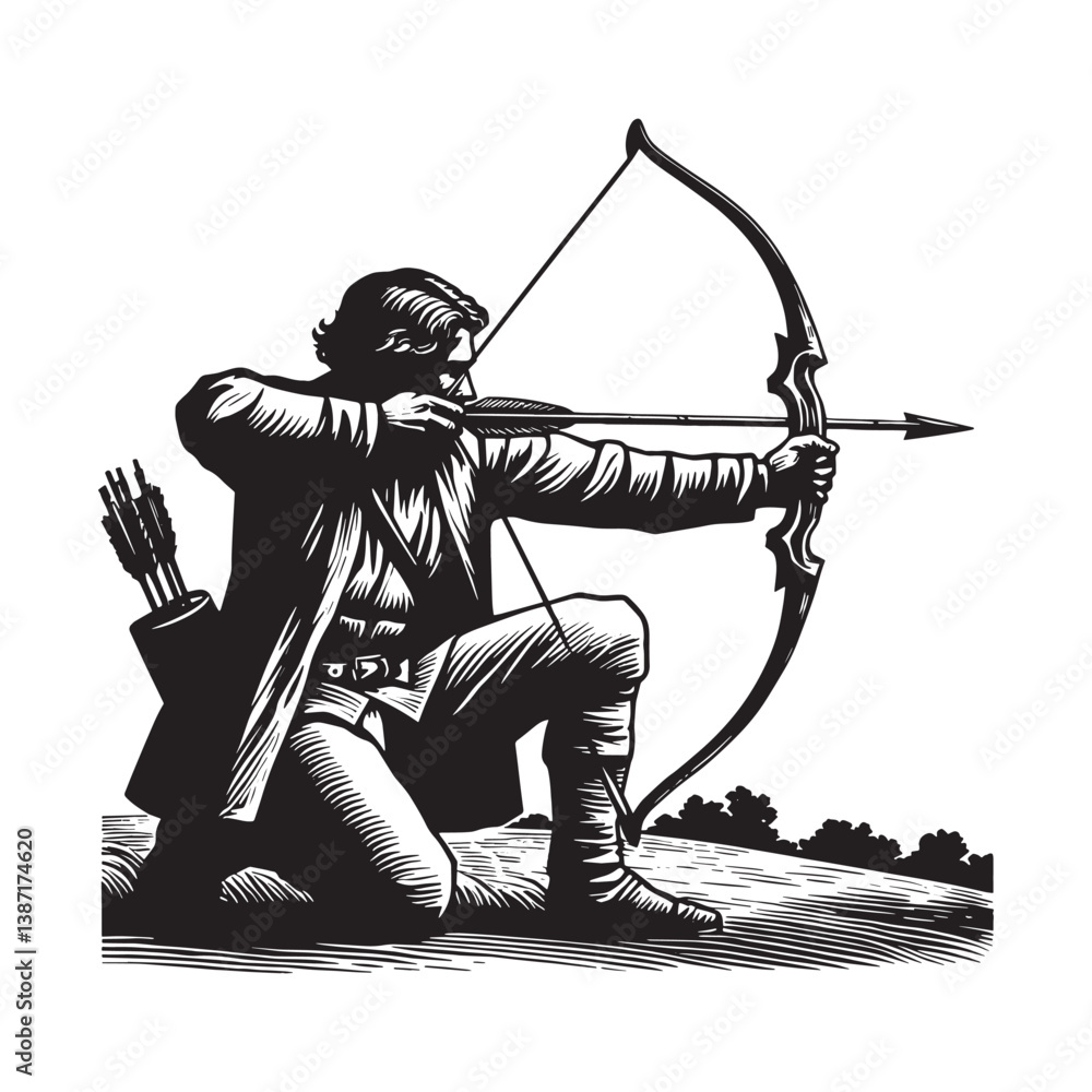 Obraz premium Archery in Monochrome A Woodcut Style Depiction of Skill and Precision