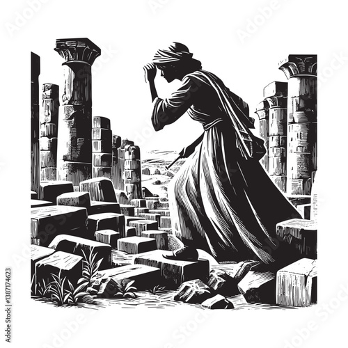 Ancient explorer amidst ruins discovering historical secrets untold story