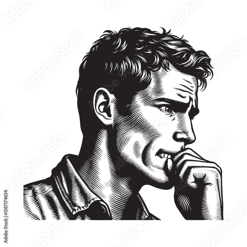 Anxious man in detailed woodcut art style shows deep concern and worry