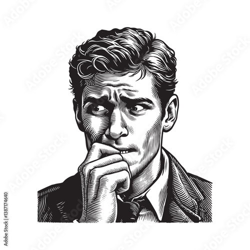 Anxious thoughts captured in vintage engraving style portraying a man,s worry