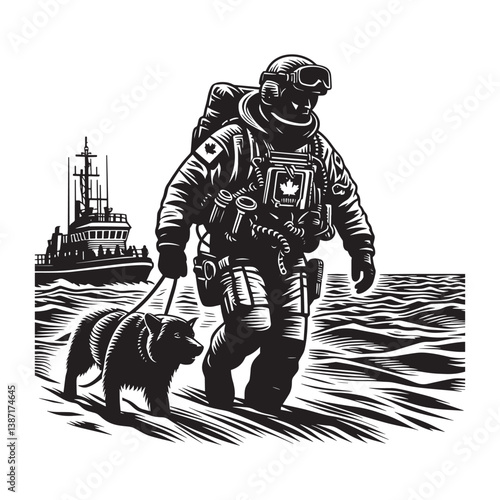Arctic expedition monochrome artwork featuring patrol officer with canine companion