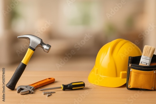 Tools and Safety Gear Arranged on a Wooden Surface in a Well-Lit Workspace