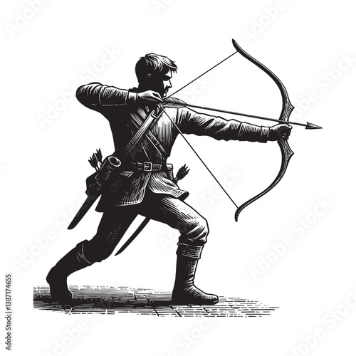 Archer aiming bow in a meticulously detailed woodcut style monochrome illustration
