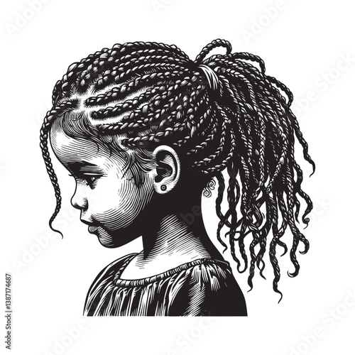 Artistic depiction of a child with elaborate crochet braids hairstyle